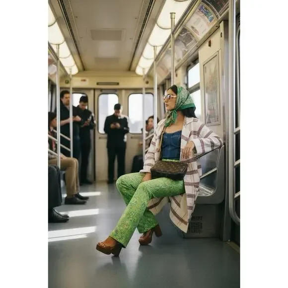 Vintage 70s Knit Fashion Plaid Long Cardigan Sweater Acrylic L Coastal Grandma - Picture 3 of 15